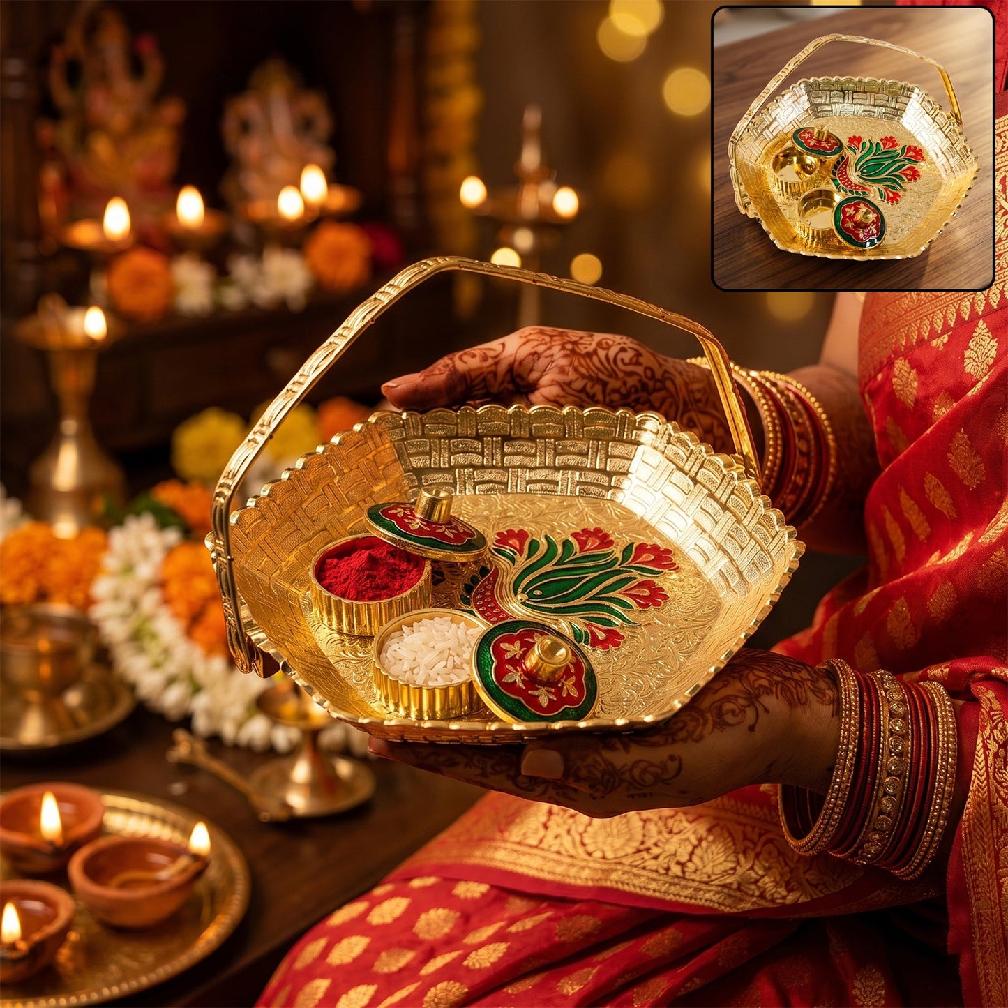 Kumkum Kankavati Basket with Handle Golden Haldi Roli Chawal Pooja Set (1 Pc)