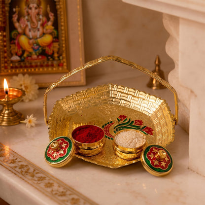 Kumkum Kankavati Basket with Handle Golden Haldi Roli Chawal Pooja Set (1 Pc)