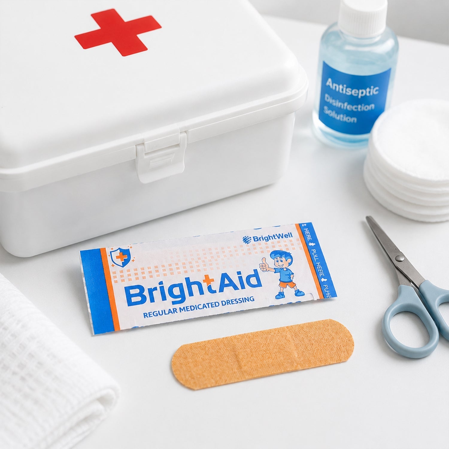 Individual BrightAid adhesive bandage strip, ready for application.