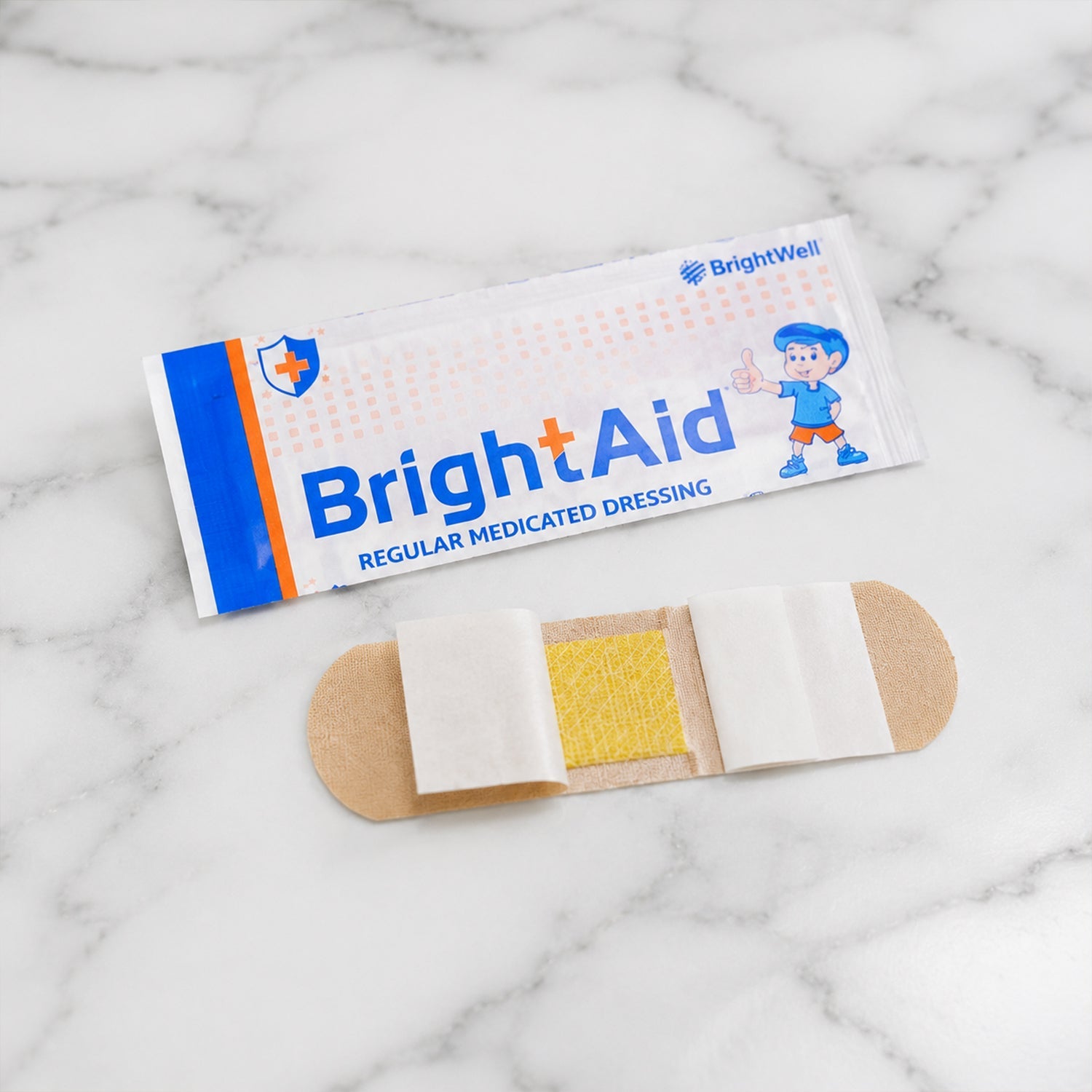 Open pack showing multiple BrightAid adhesive bandages.