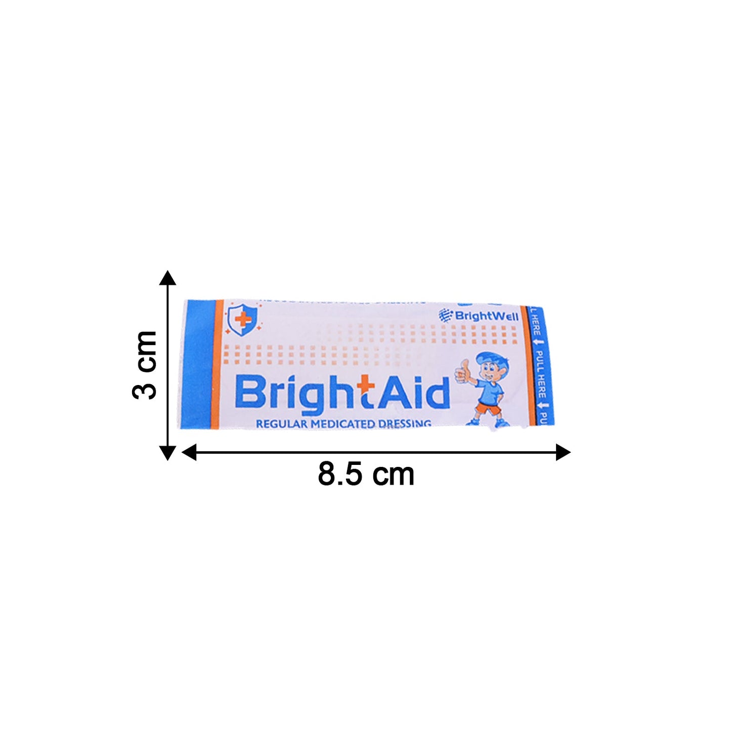 Dimensions of a BrightAid adhesive bandage for wound care.