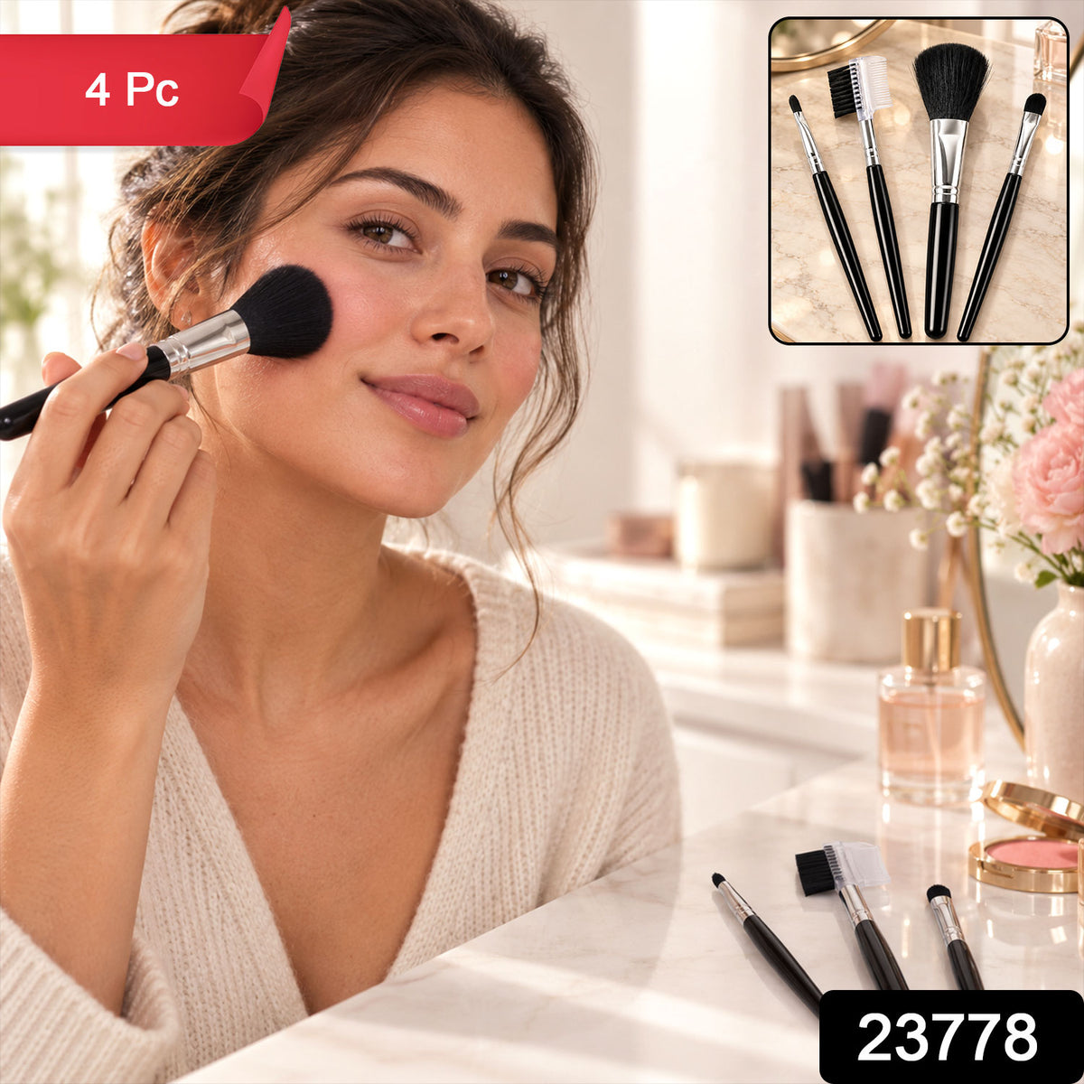 Mini Makeup Brush Set for Face Eye Brow and Lip Makeup with Compact Tools (4 Pc)