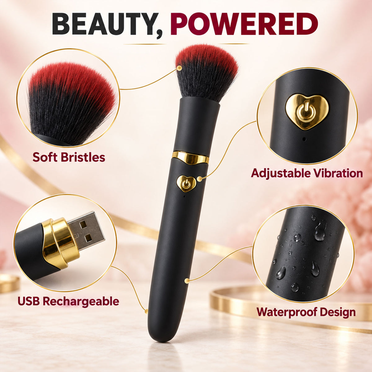 Makeup brush USB connector and vibration control details