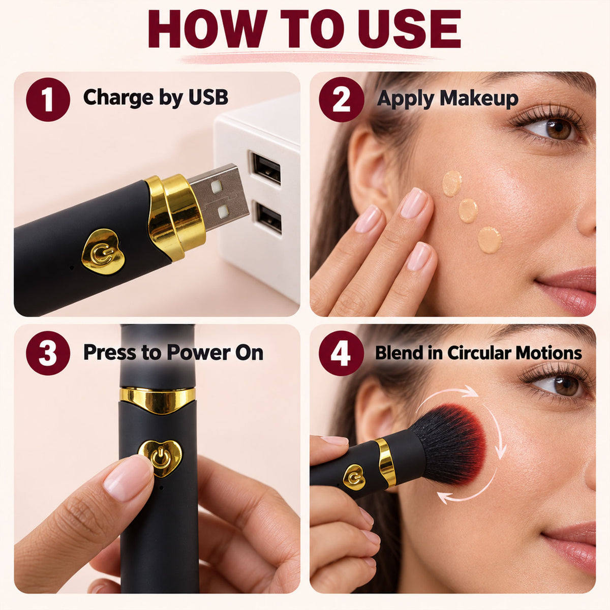 Makeup brush charging and application guide