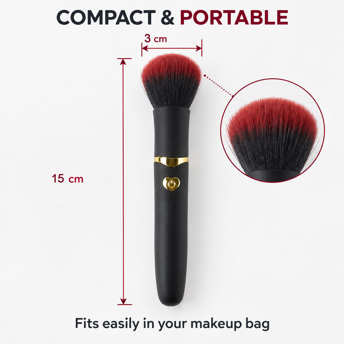 Makeup brush dimensions 15 cm length and 3 cm brush width