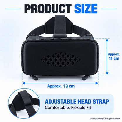 Virtual reality headset size guide showing approximately 19 cm width and 11 cm height