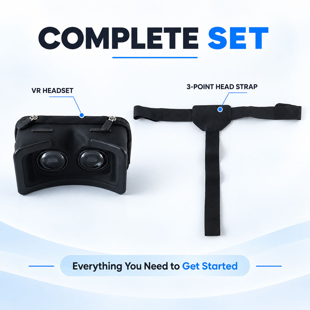 Package contents showing VR headset and three-point head strap