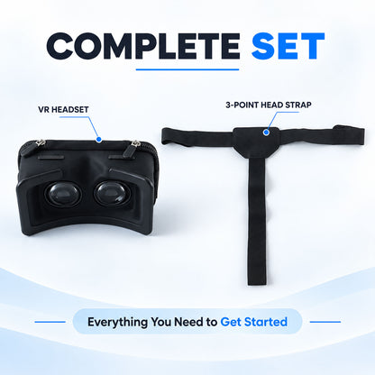 Package contents showing VR headset and three-point head strap