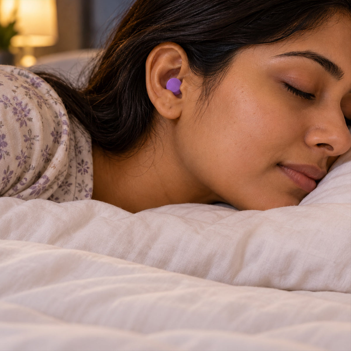A woman sleeping peacefully on a white pillow, wearing a single purple earplug in her right ear.