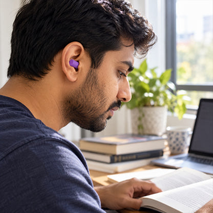 A man with a beard reading a book, wearing a purple earplug in his right ear, with a laptop nearby.