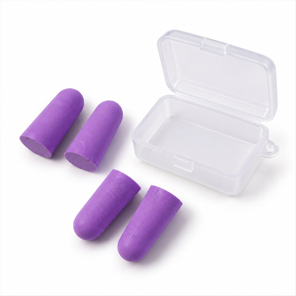 Four purple foam earplugs arranged around an open clear plastic storage case on a white surface.