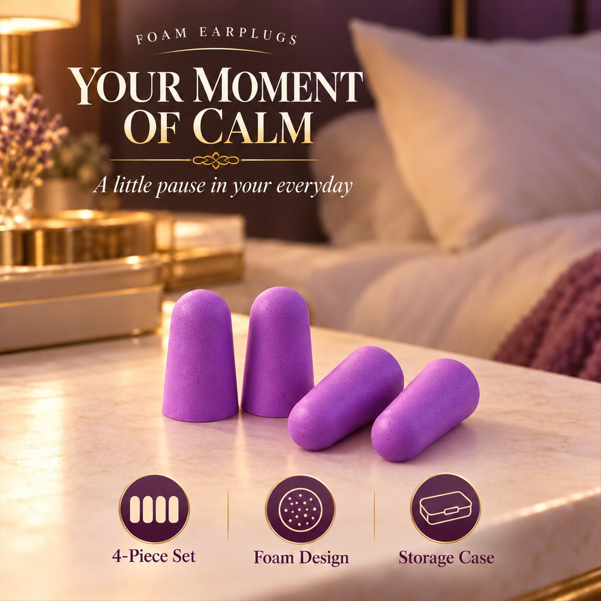 Four purple foam earplugs on a marble table with text overlay about calm and product features.
