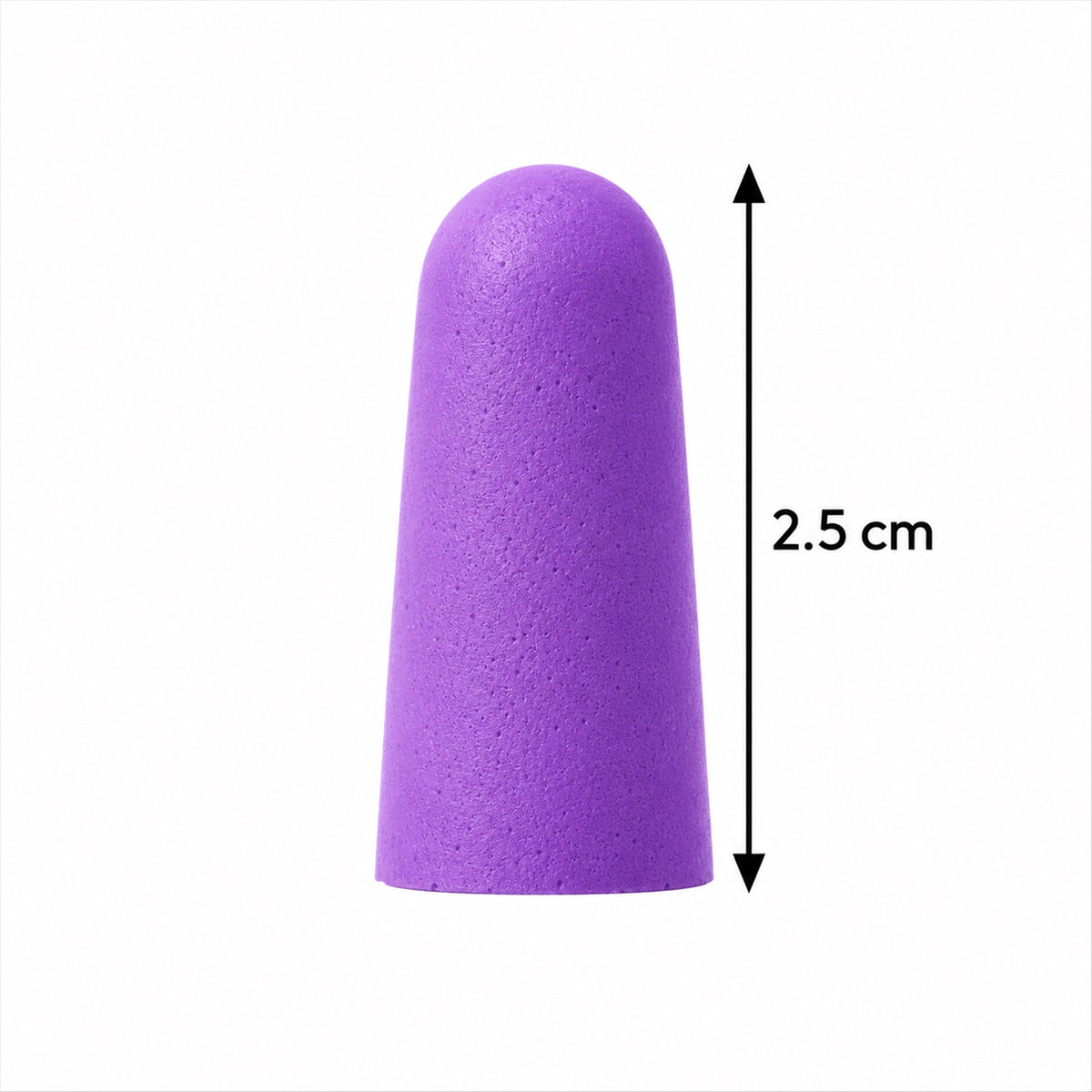 A single purple foam earplug standing upright, with a measurement indicating its height is 2.5 cm.