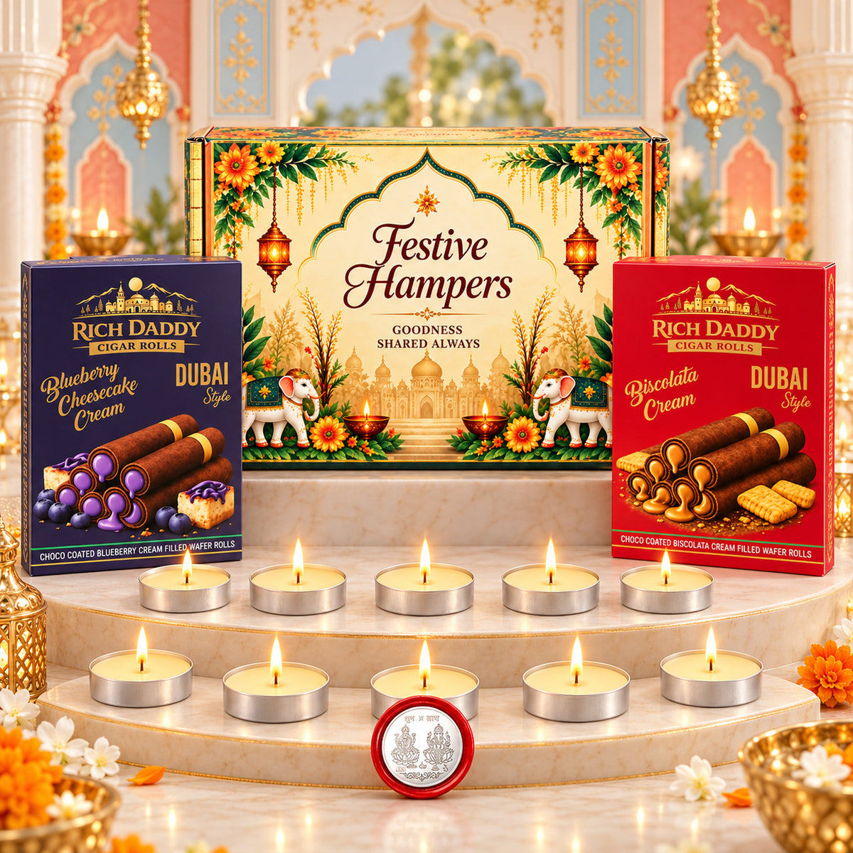 Wax Tea Light Candles & Blueberry Cheesecake + Biscolata Wafer Rolls Festive Gift Hamper