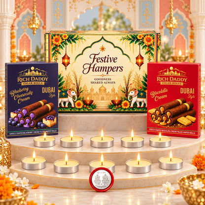 Wax Tea Light Candles & Blueberry Cheesecake + Biscolata Wafer Rolls Festive Gift Hamper