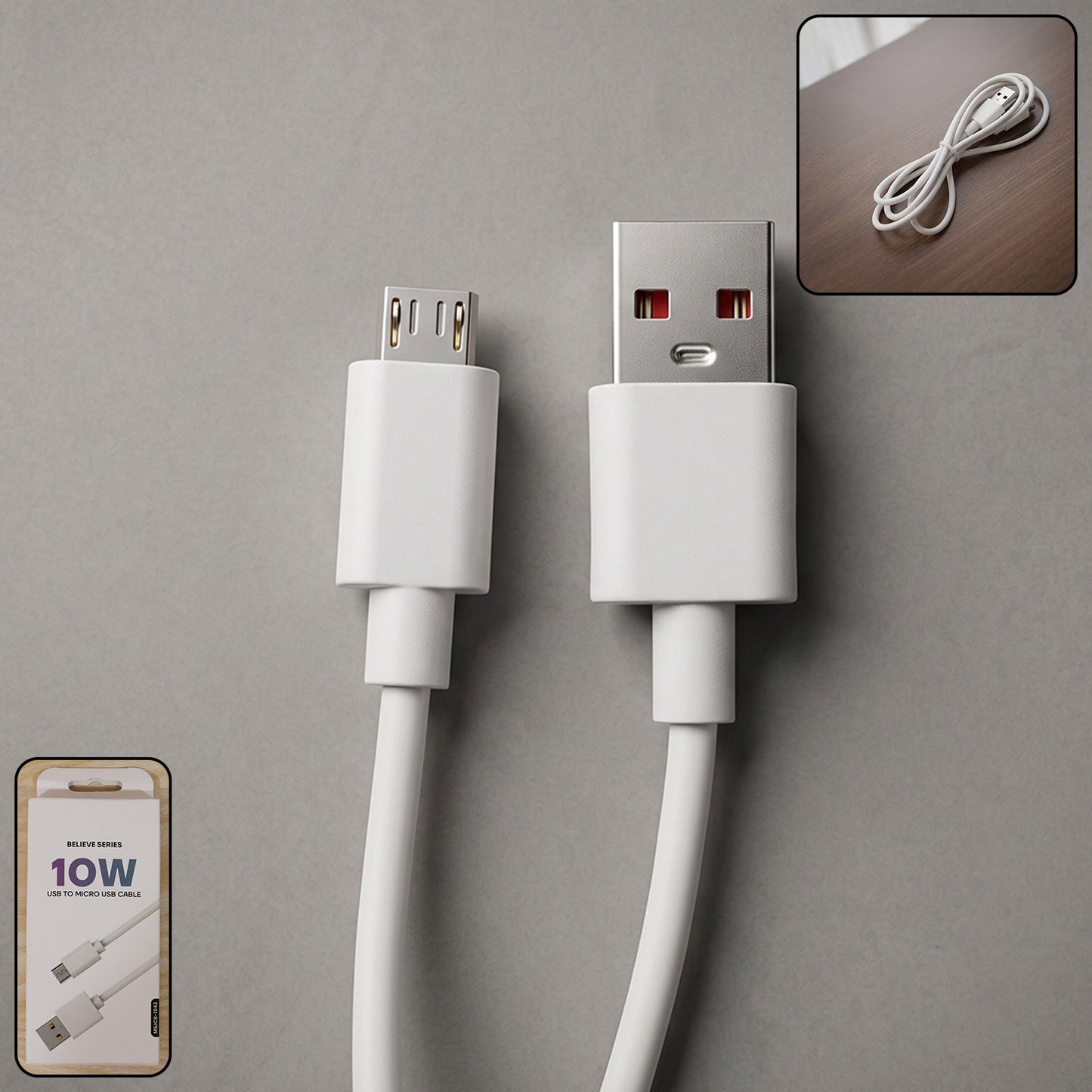 10W USB to Micro USB Charging Cable white, 1 meter, front view