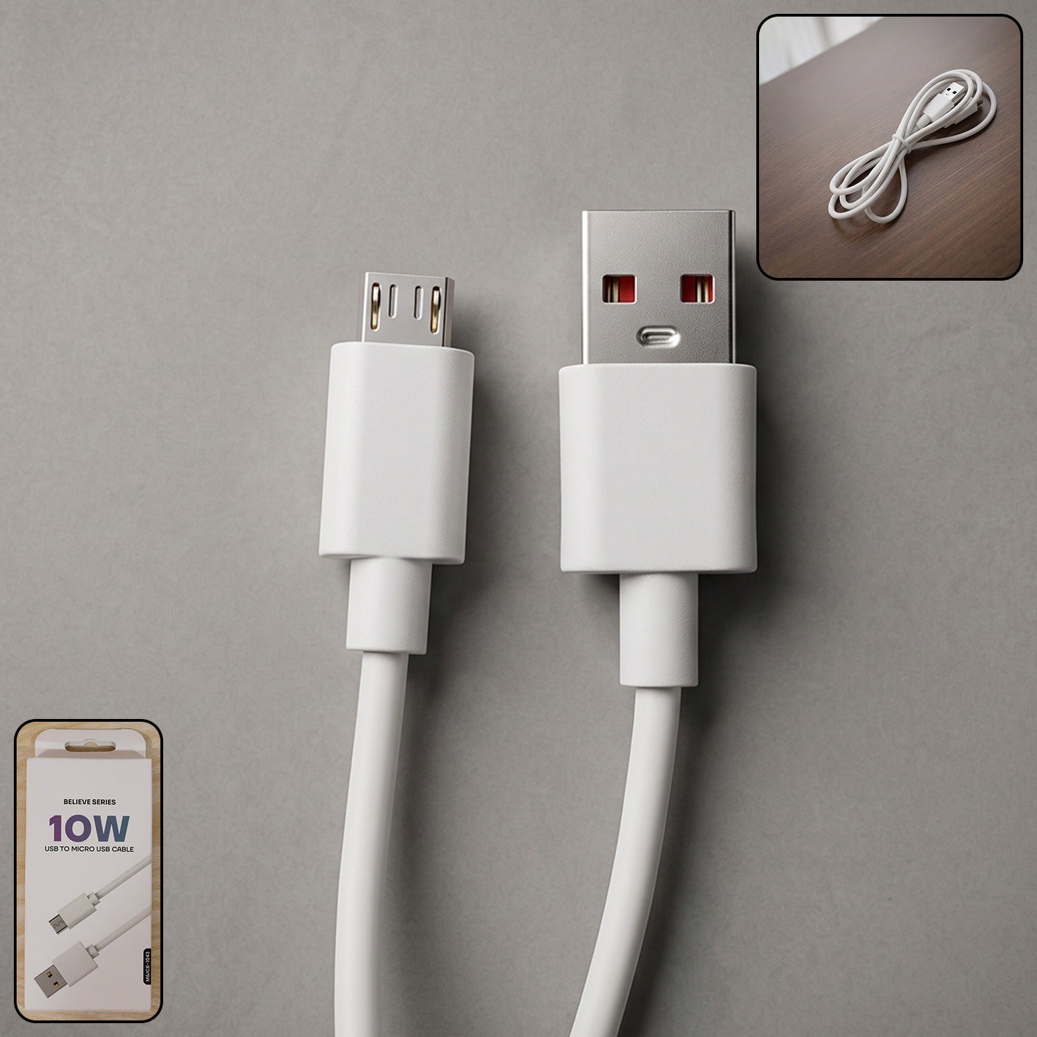 10W USB to Micro USB Charging Cable white, 1 meter, front view
