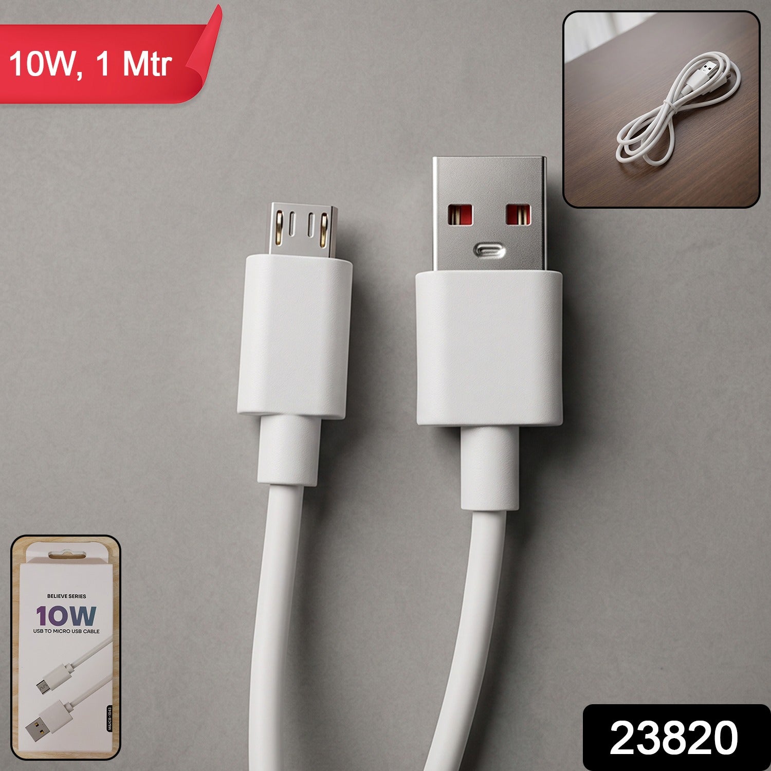 Close-up of white 10W USB to Micro USB charging cable connectors
