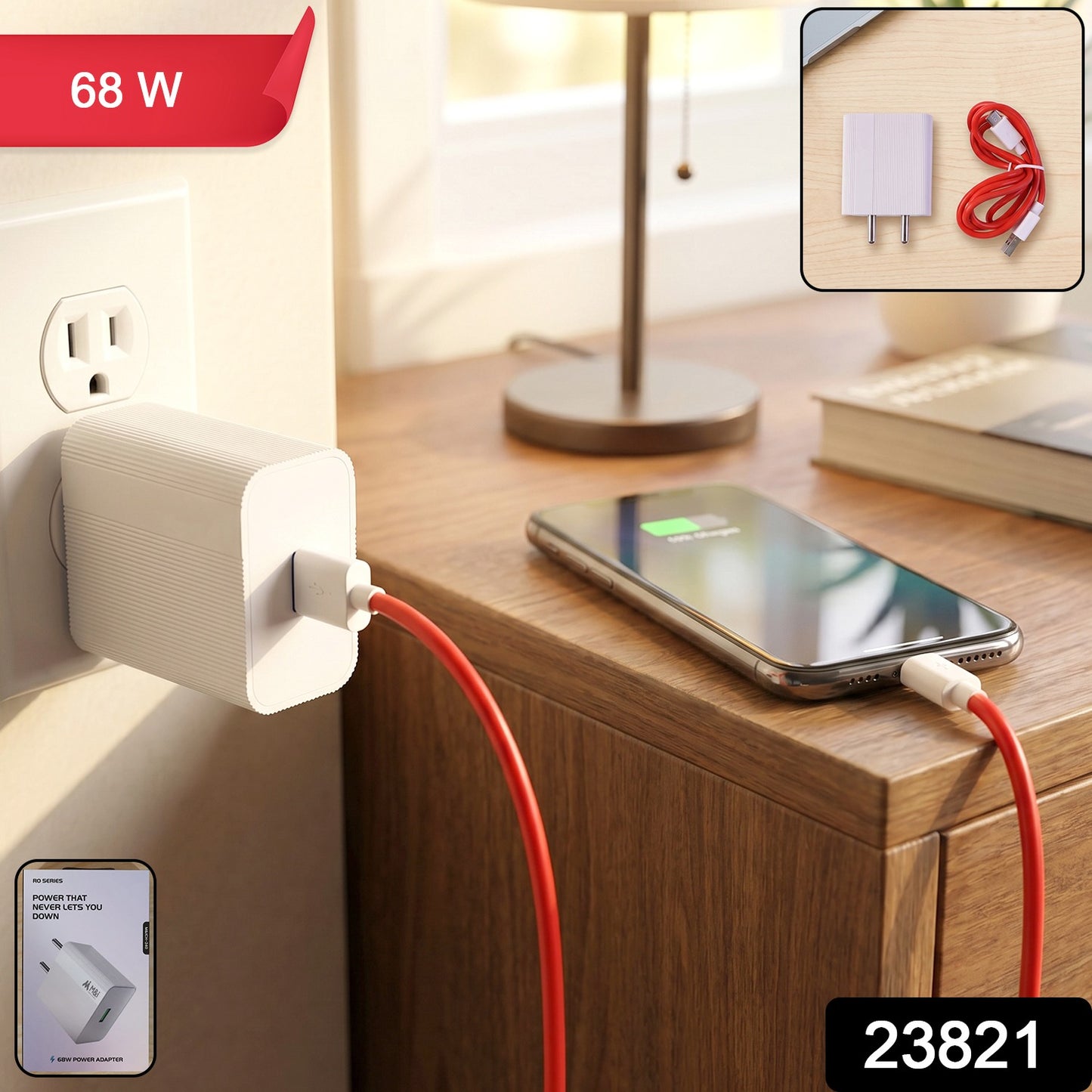 RO Series 68W charger and red USB Type-C cable combo packaging
