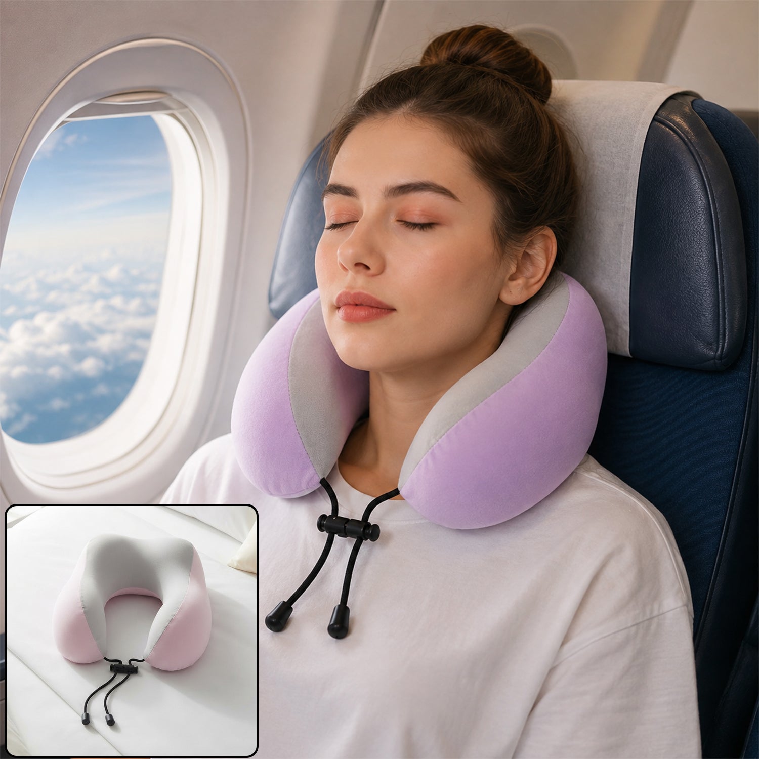 U shaped travel neck pillow in use