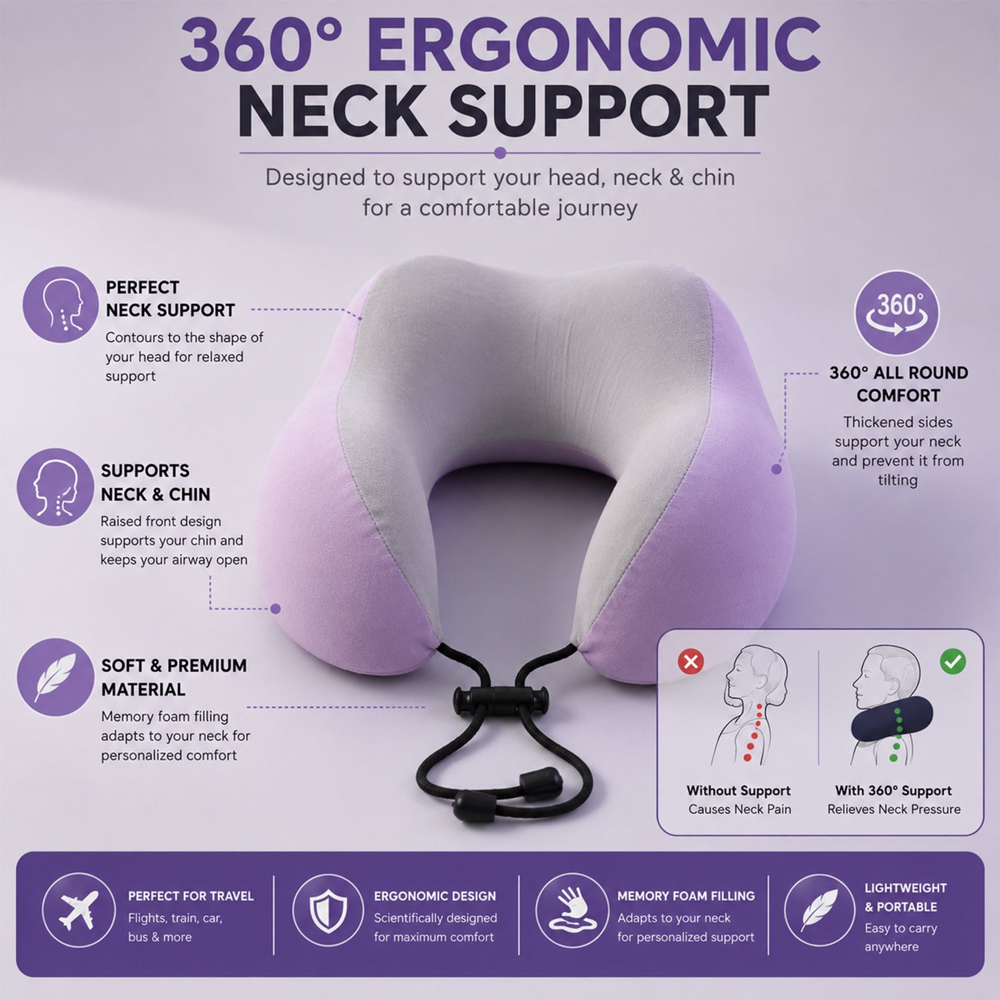 Ergonomic U shaped travel pillow