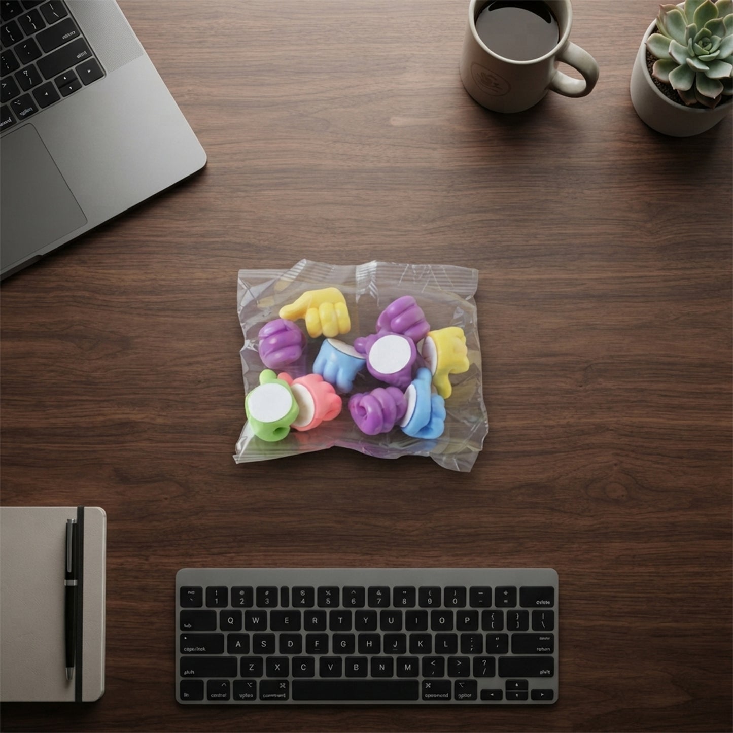 Packet of thumb shape cable clips on desk