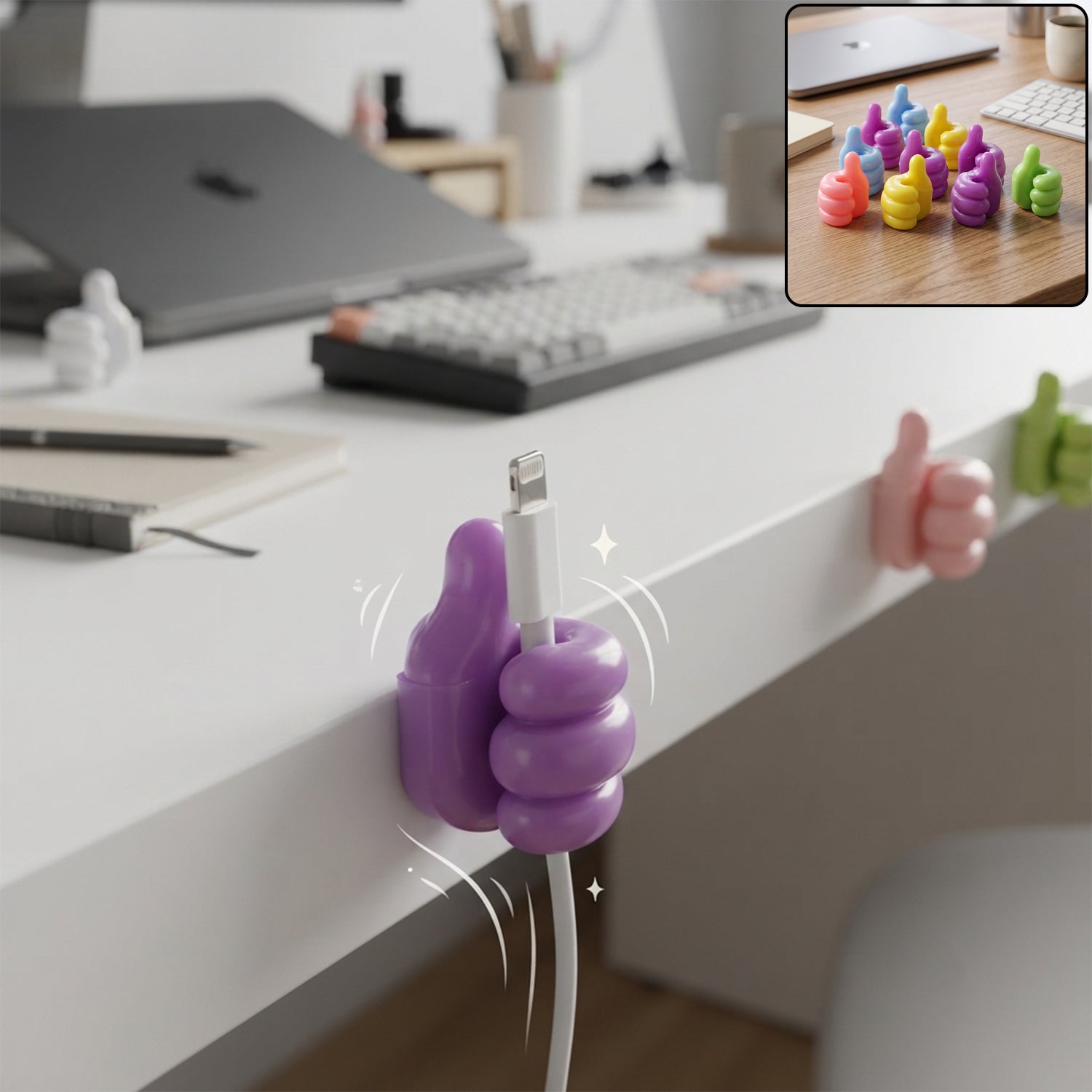 Thumb shape clips holding desk cables