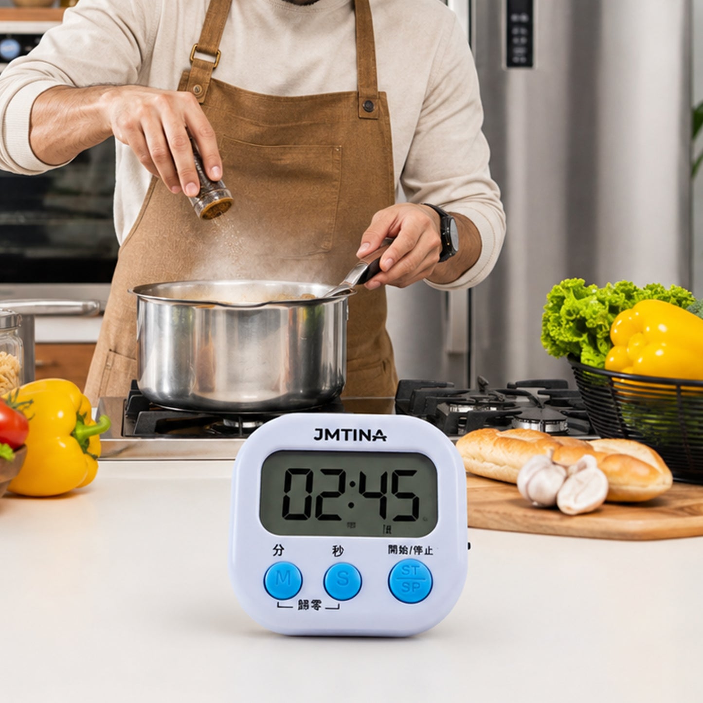 Digital countdown timer in kitchen setting