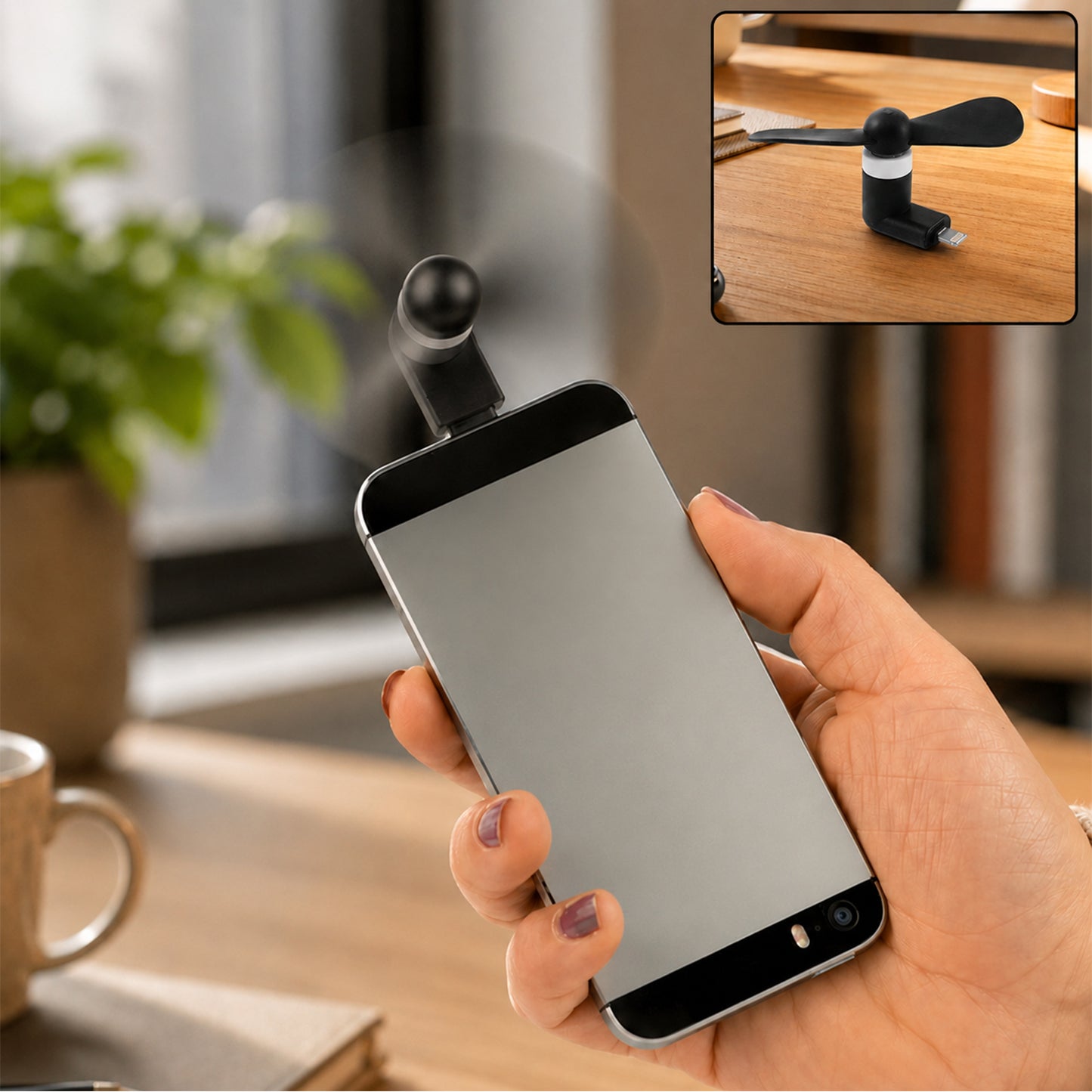 Portable mini USB fan connected to mobile phone