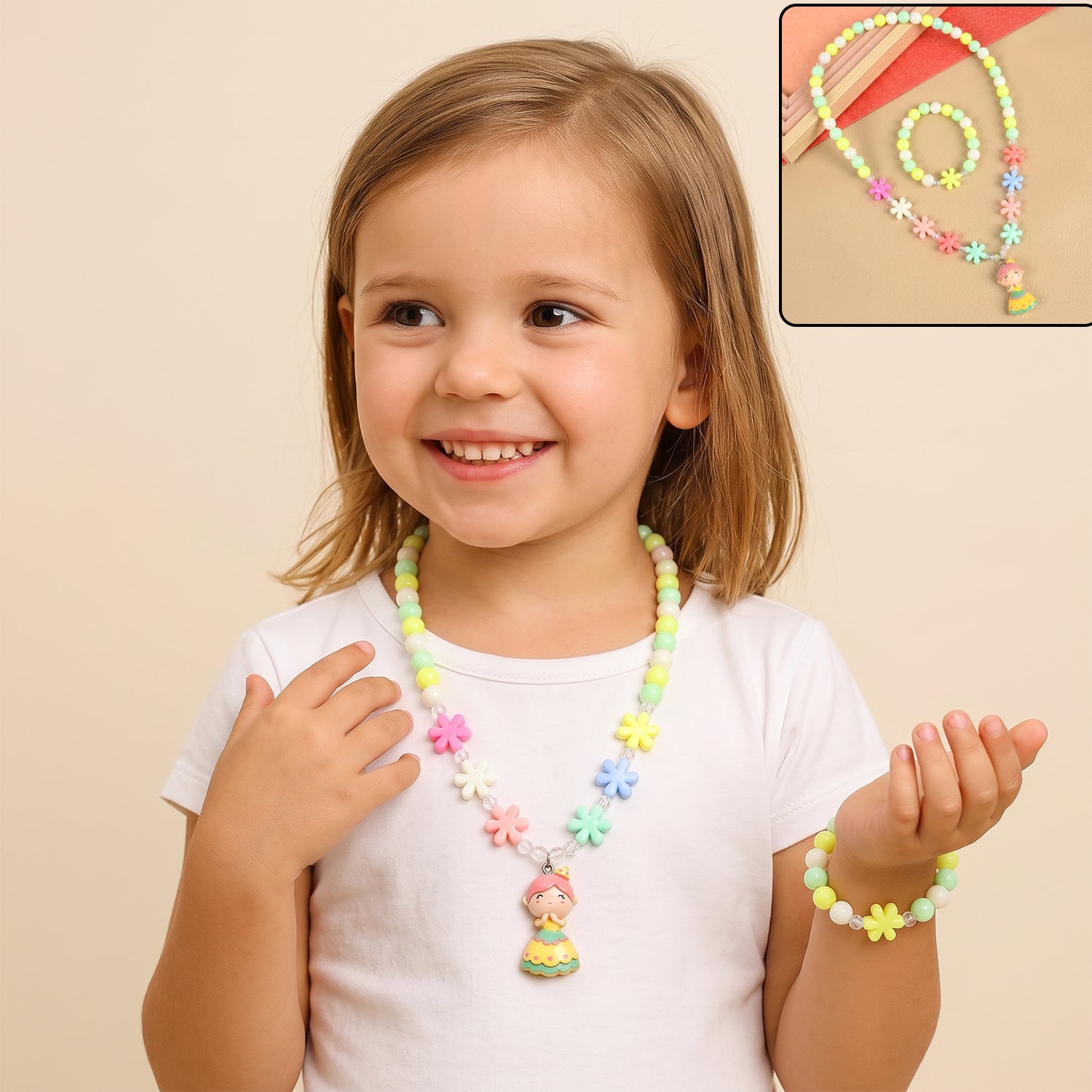 Colorful plastic bead necklace and bracelet set for kids