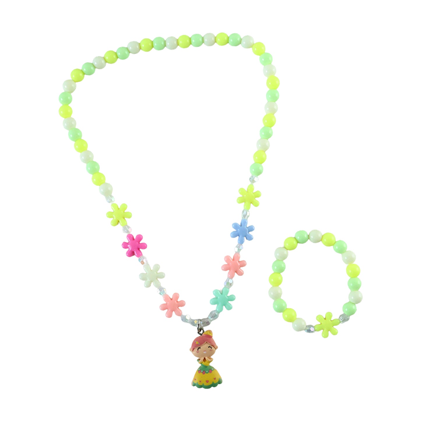 Kids bead necklace and bracelet set on white background