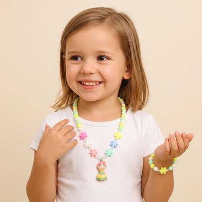 Colorful necklace and bracelet worn by child