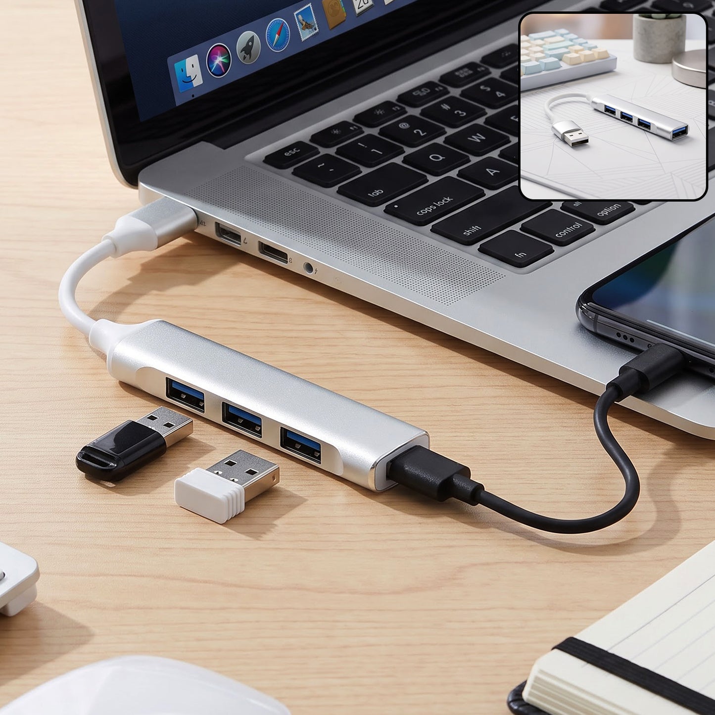 USB four port hub connected to laptop