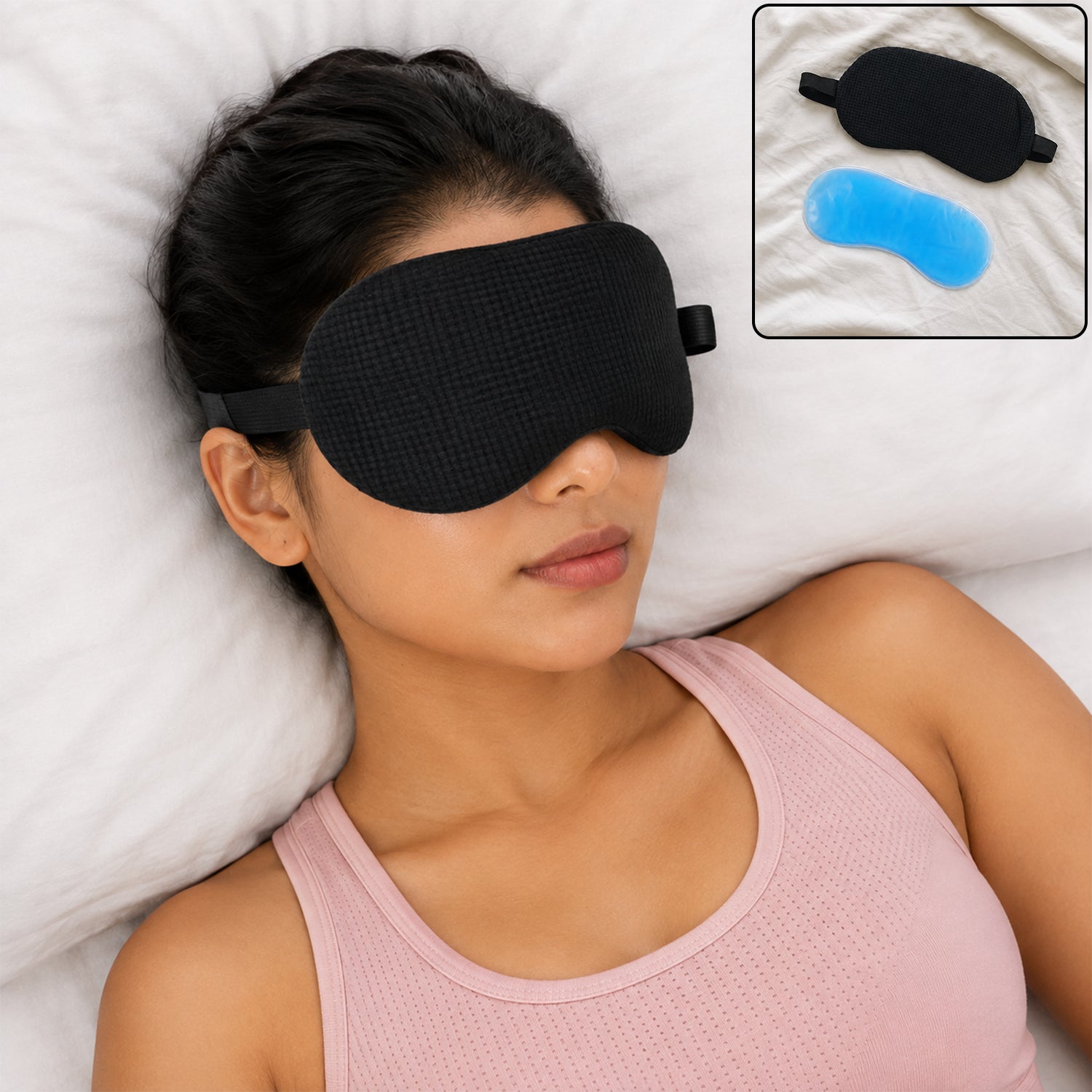 Cooling gel eye mask in use