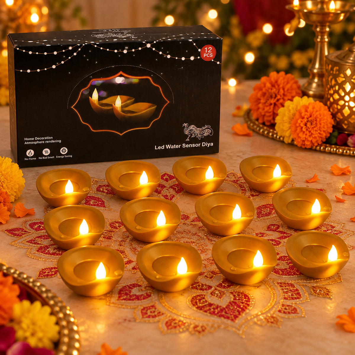 Golden flameless water sensor LED diya 01