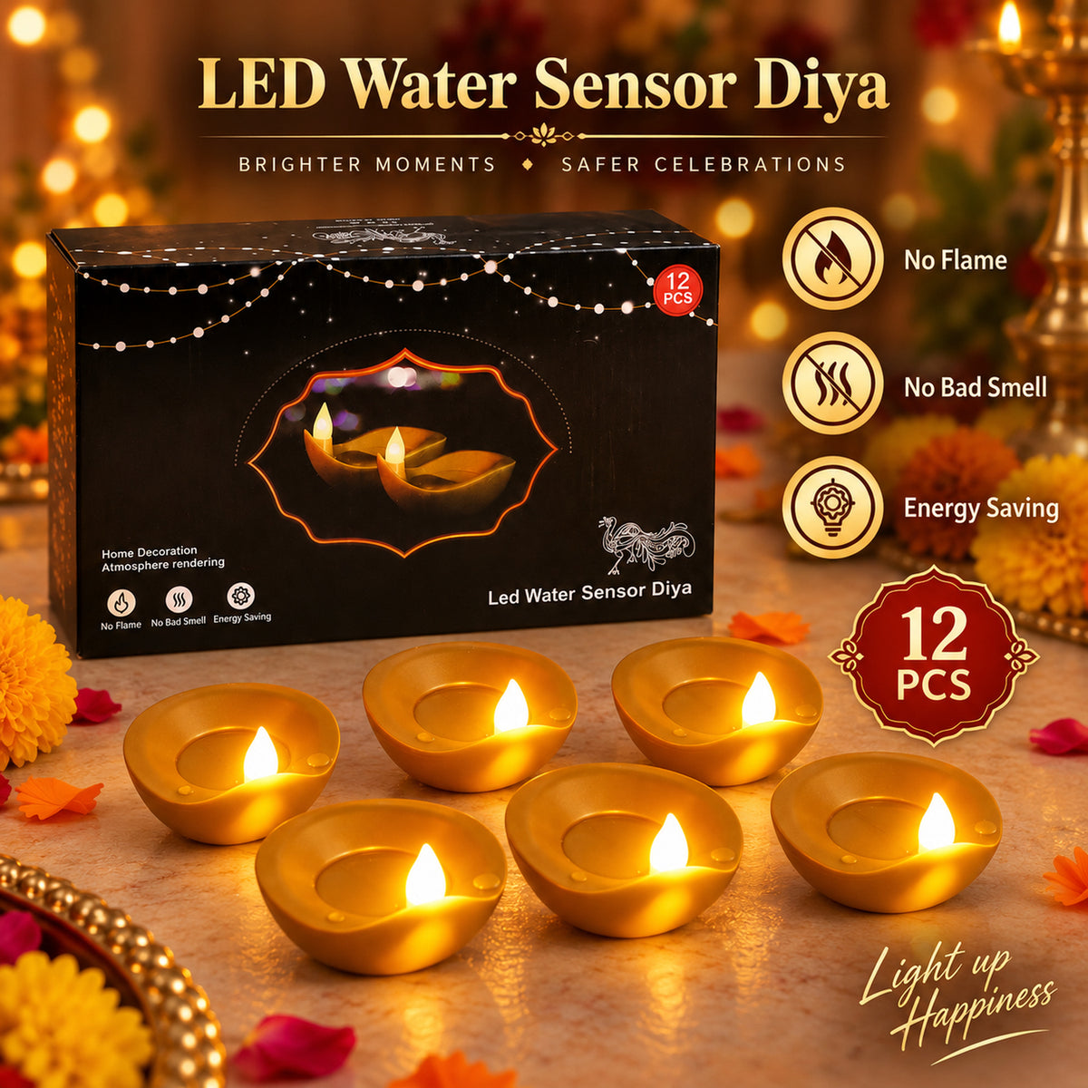 Golden flameless water sensor LED diya 05