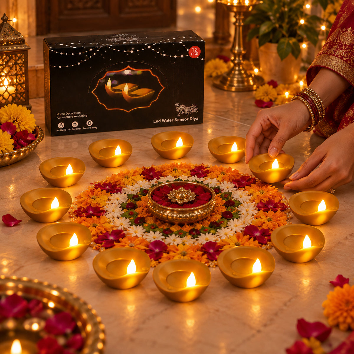 Golden flameless water sensor LED diya 07