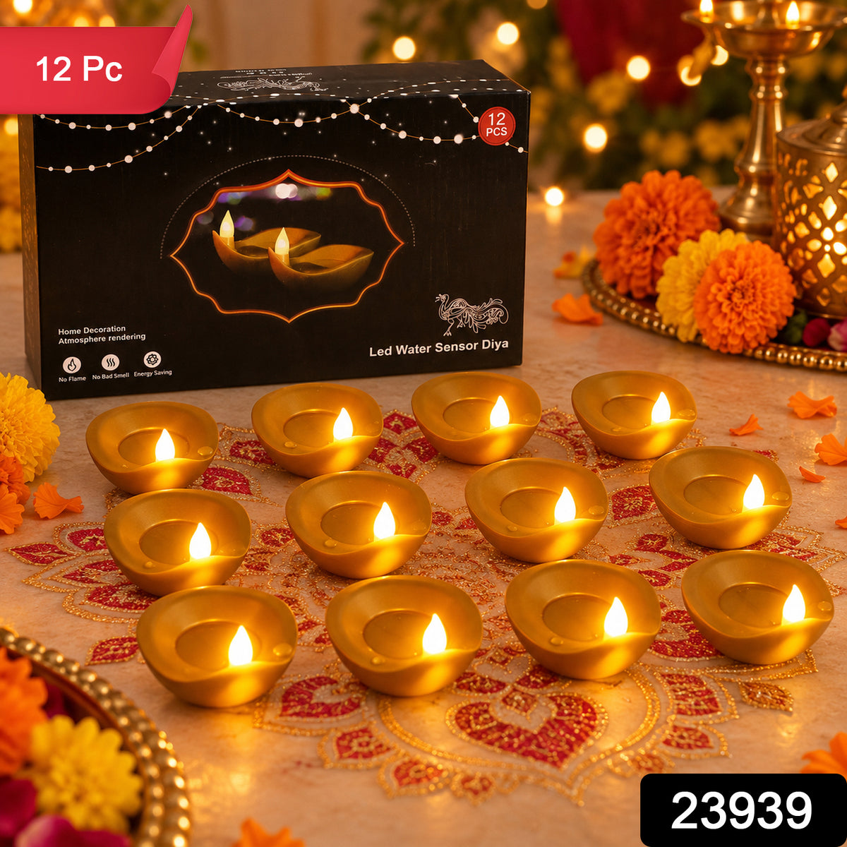 Golden flameless water sensor LED diya 12 Pc label