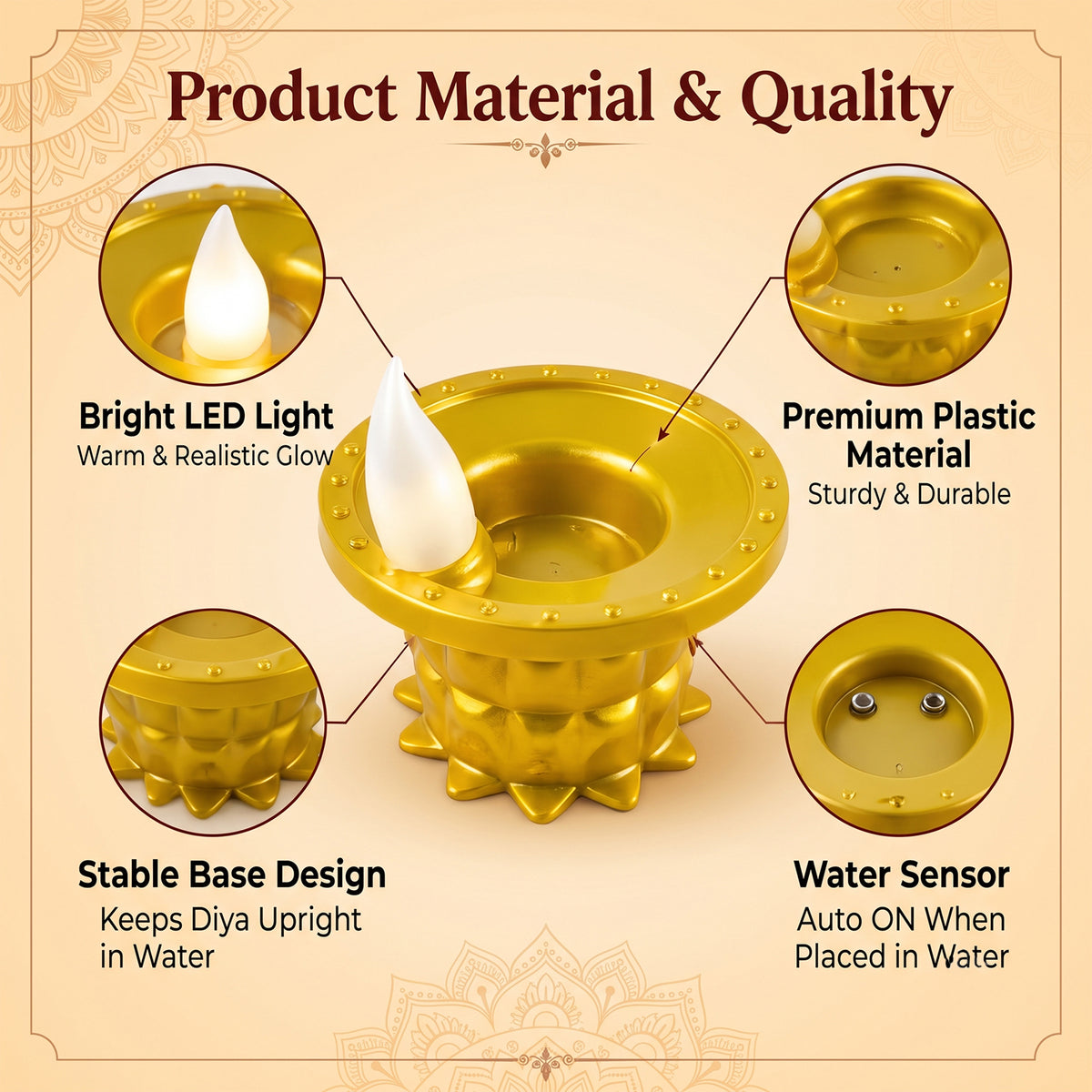 Golden water sensor LED diya 03