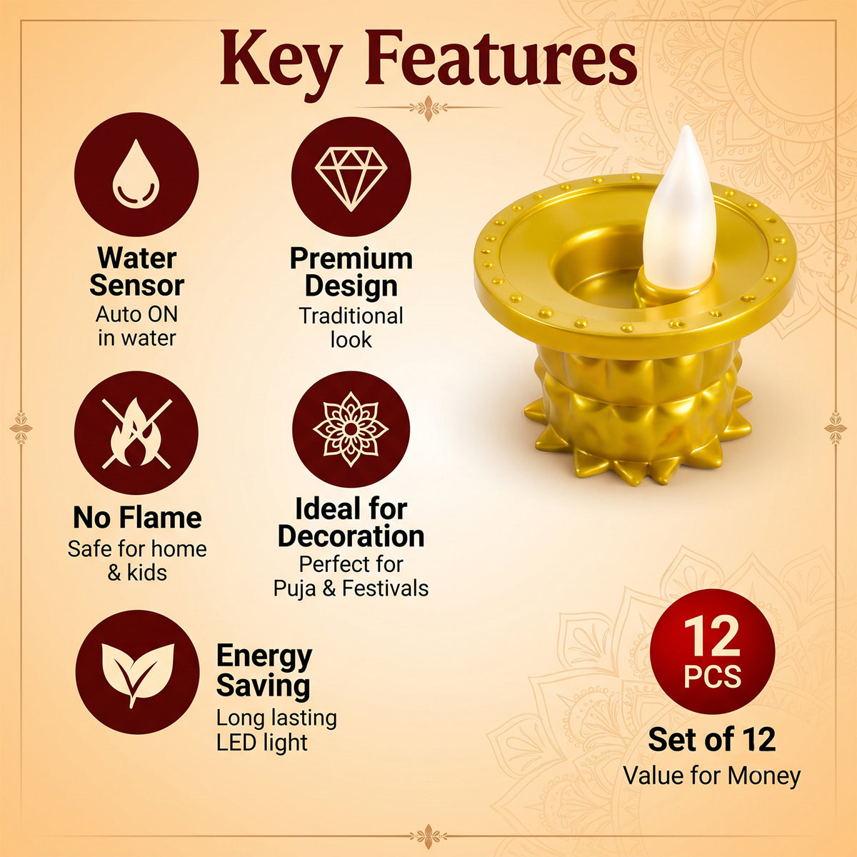 Golden water sensor LED diya 07