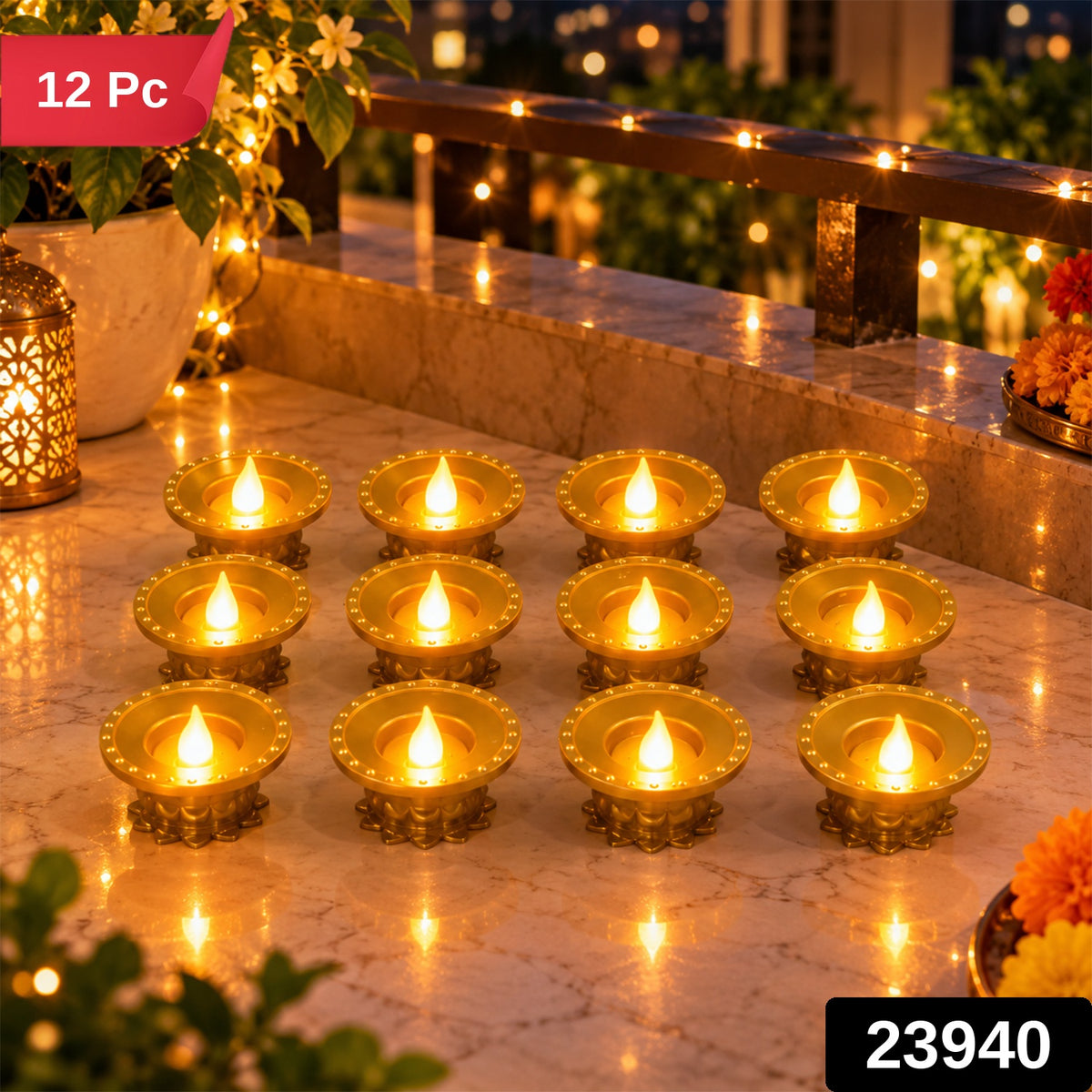 Golden water sensor LED diya 12 Pc label