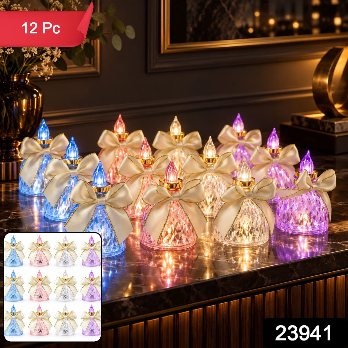 Flameless LED Candle Lights with Bow for Festive Table Decoration (12 Pc Set)