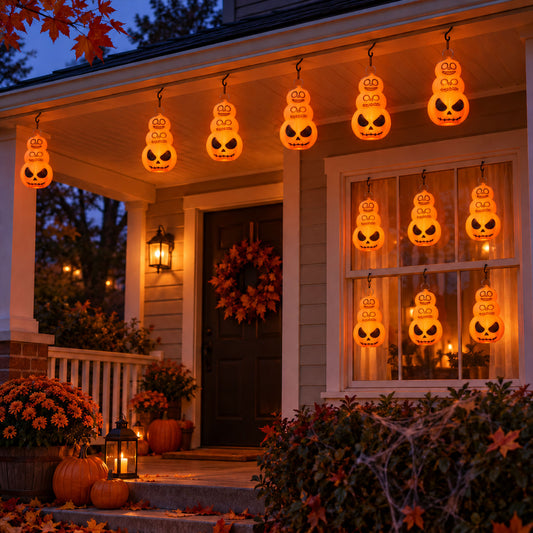 A home's porch is decorated with ten glowing orange stacked pumpkin lanterns hanging from the roof, surrounded by autumnal