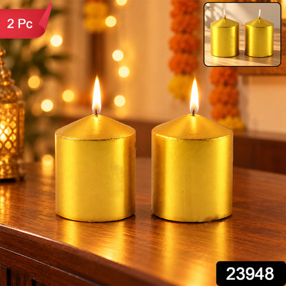 Golden decorative wax pillar candles 2 Pc label