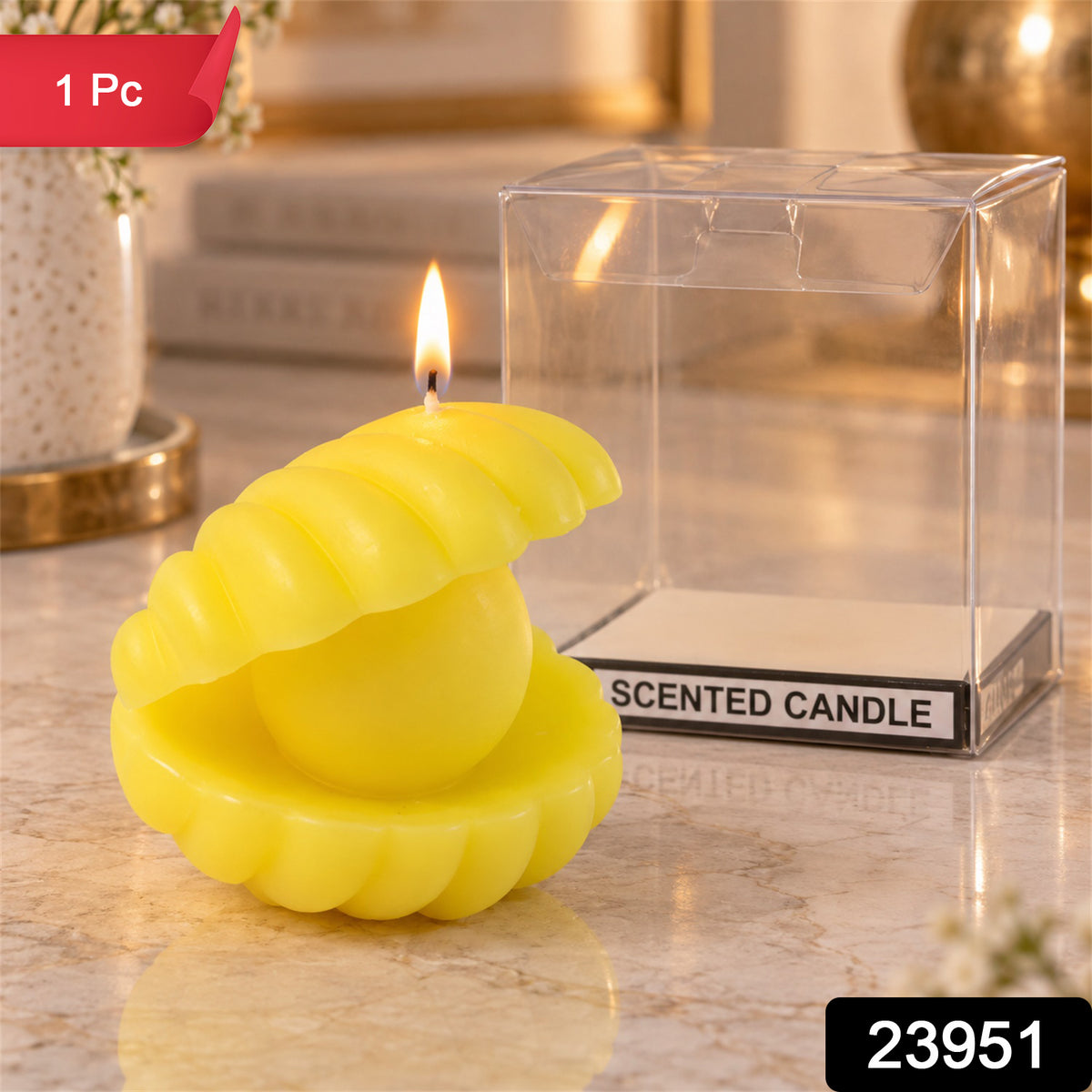 Shell shape scented wax candle with pearl-style centre 1 Pc label