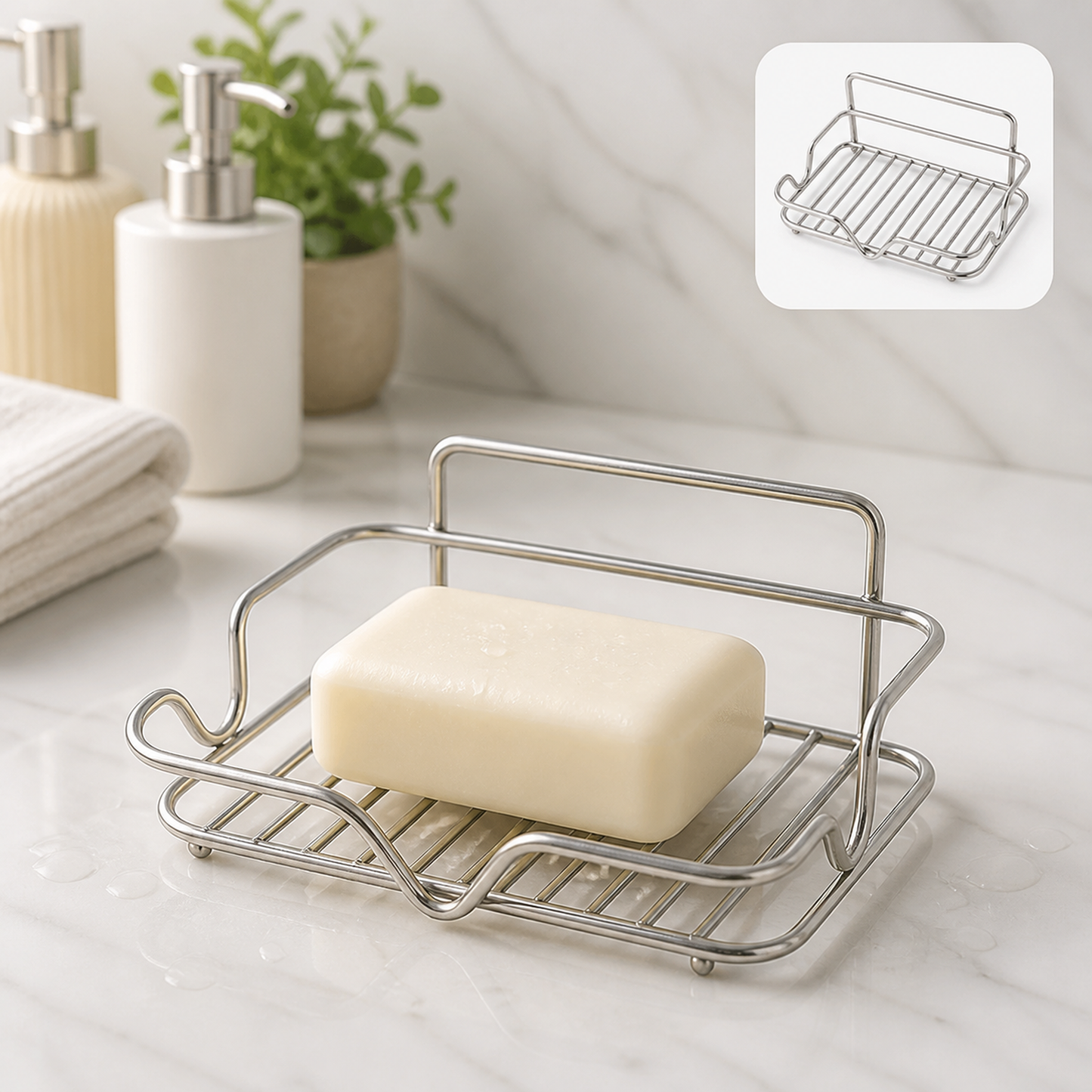 A stainless steel wire soap dish holds a bar of white soap on a marble counter next to a soap dispenser and plant.