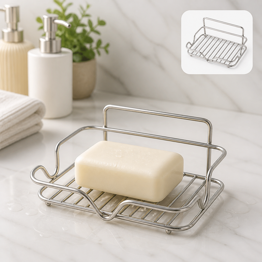 A stainless steel wire soap dish holds a bar of white soap on a marble counter next to a soap dispenser and plant.