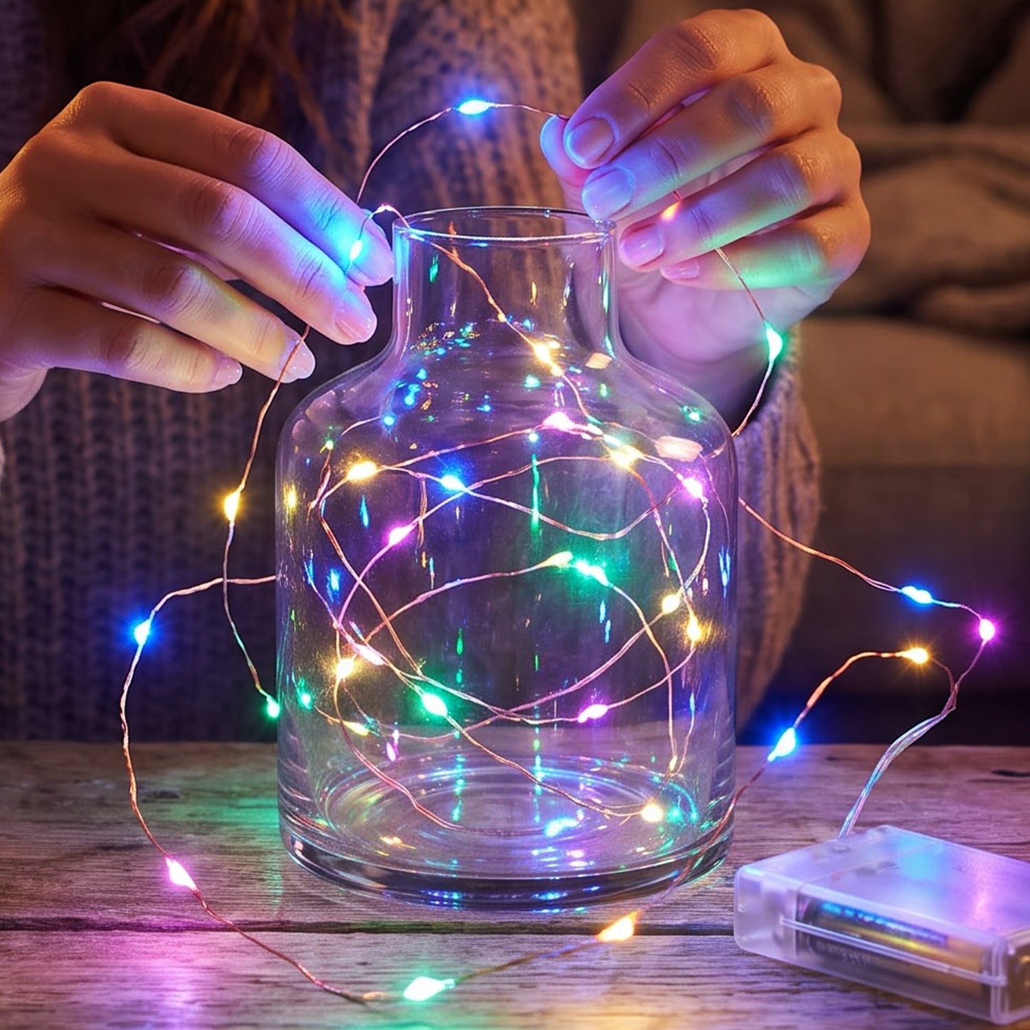 Multicolour string LED lights decorating a glass vase