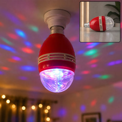 Multicolour rotating LED disco light bulb in use