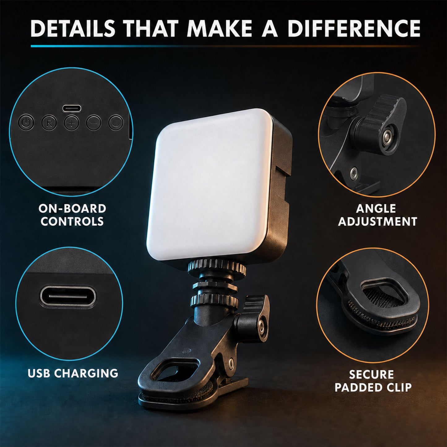 Portable LED camera light control and mounting details